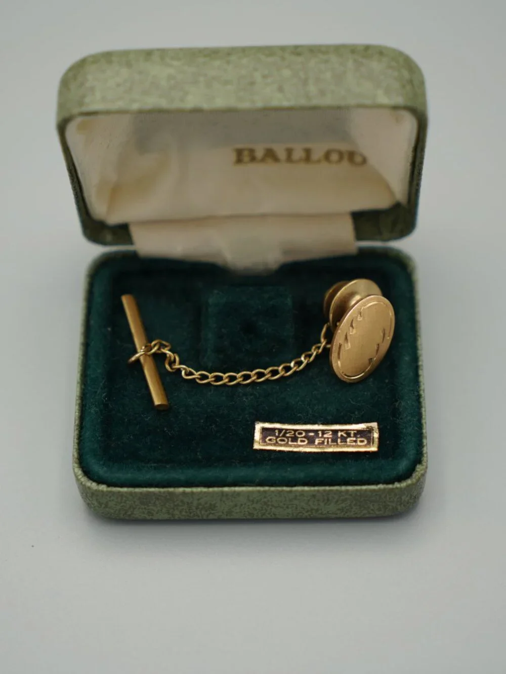Vintage MCM Ballou 1/20 12KT Gold Filled Tie Tack Lapel Pin-Signed w/ Box-Etched